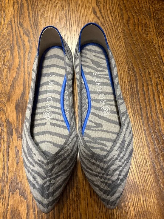 Rothy's Gray Zebra-Print Pointed Toe Flats with Blue Trim - Picture 2 of 5